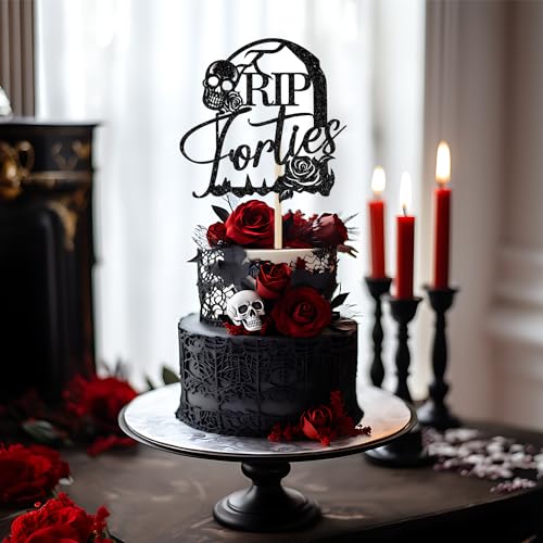 Rip Forties Cake Topper - Black Glitter Rip to My 40s Birthday Decorations