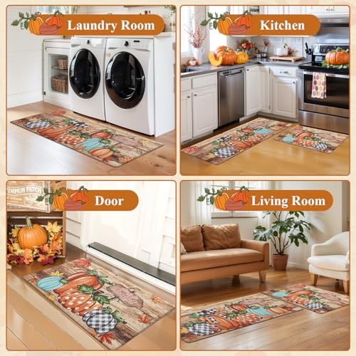 Fall Kitchen Mat with Pumpkin Pattern - Brown Pumpkin Variation, Anti-Fatigue, Waterproof, 17x48 inches