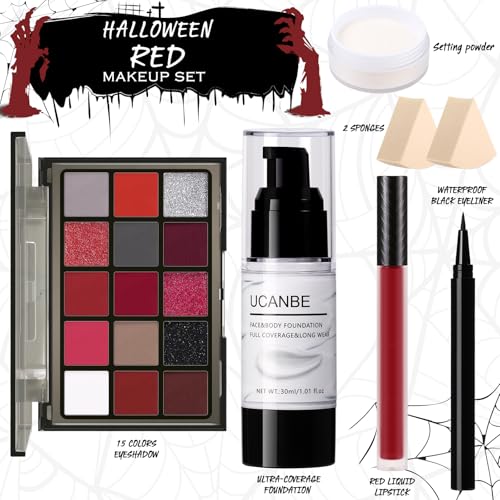 Halloween Makeup Kit - 15-Color Red Eyeshadow Palette, White Foundation & More - Red Makeup Kit