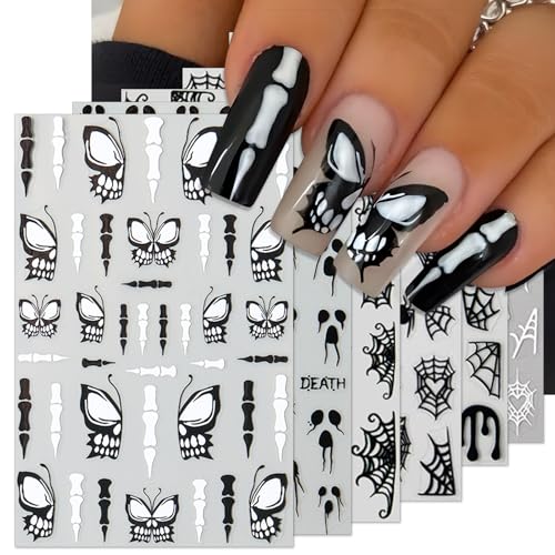 Halloween Horror Nail Stickers - Gothic Skull & Butterfly 3D Decals - 6 Sheets