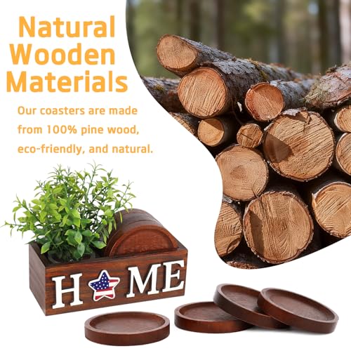 Wood Coasters Set of 4 with Holder for Drinks Table Decor