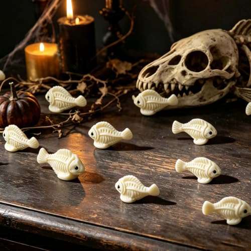 Beige Halloween Mini Fish Skeletons - 100 Pack Spooky Fish Bone Figures for Party Decor