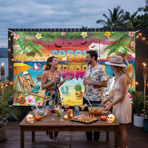 Large Summer Halloween Party Banner - Tropical Skeleton Photo Backdrop 72x43 Inches