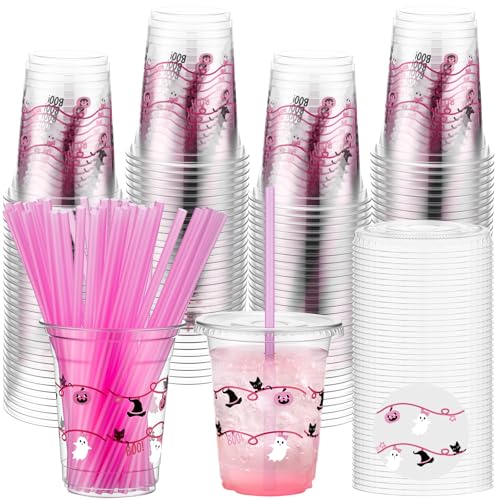Halloween Plastic Cups with Straws and Lids - Pink Novel Style - 50 Pack 12oz