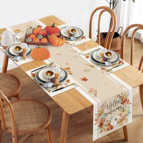 Bonhause Fall Pumpkin Table Runner 13x72 Inch Hello Autumn Wreath Leaf Decor with Pumpkin Wreath Variation