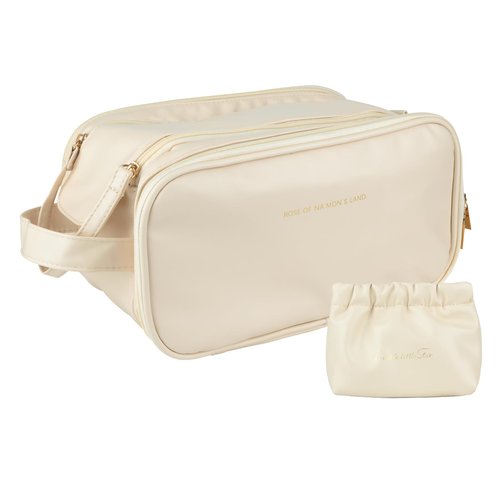 KEYPOWER Travel Makeup Bag Toiletry Bag Large Capacity Cosmetic Portable Waterproof Large Opening Vertical Free-Standing & Small Clutch for Women (White)