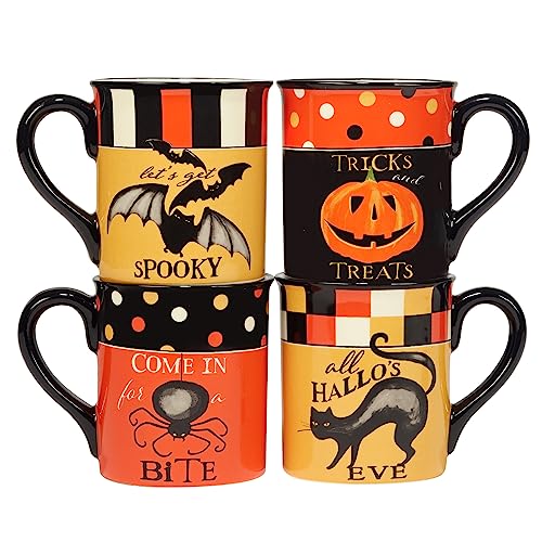Large Halloween Mug Set of 4 - 18 oz Ceramic Spooky Drinkware with Characters & Sayings