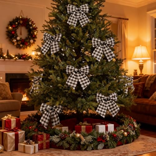 Black Buffalo Plaid Wreath Bows Set - 6 Pack 6x8 Inch Clip-On Rustic Holiday Decor