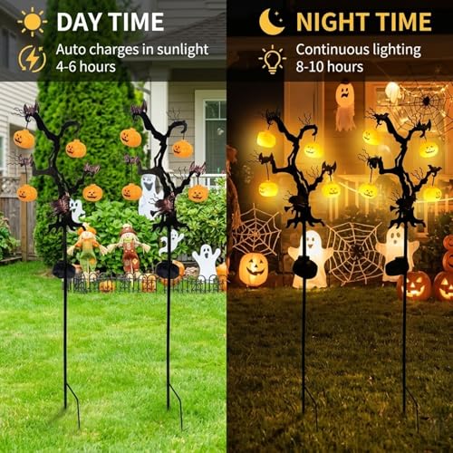 Halloween Solar Stake Lights - 2-Pack 3D Pumpkin & Iron Bat Outdoor Garden Decor - Yellow Variation