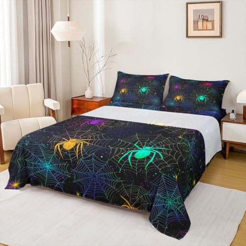 Halloween Spider Sheet Set Queen Rainbow Iridescent Bed Sheets with Glitter Stars & Web - Multi 19