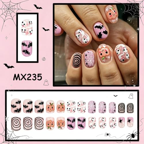 Halloween Press On Nails - White Ghost Short Square Fake Nails - Variation 026