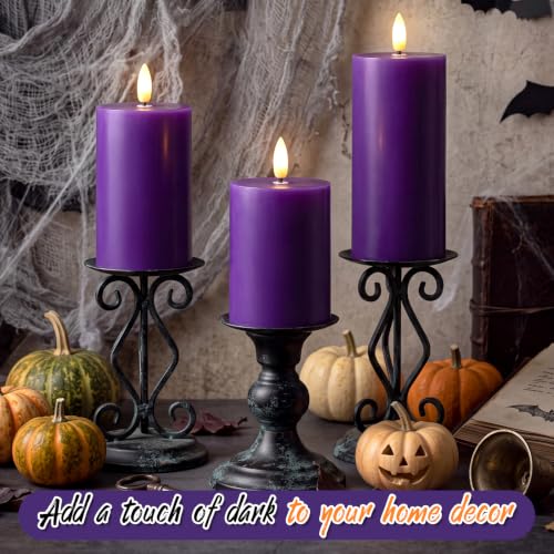 Set of 3 Purple Flameless Real Wax LED Pillar Candles with Remote Control
