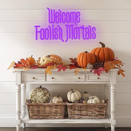 Purple Welcome Foolish Mortals Neon Sign - Haunted Mansion Dimmable LED Wall Decor