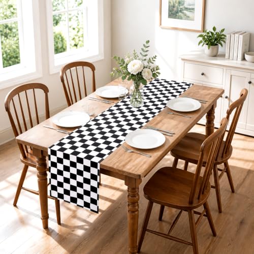 Black & White Gingham Table Runner - Halloween 13x118 Inch - QueenDream Variation