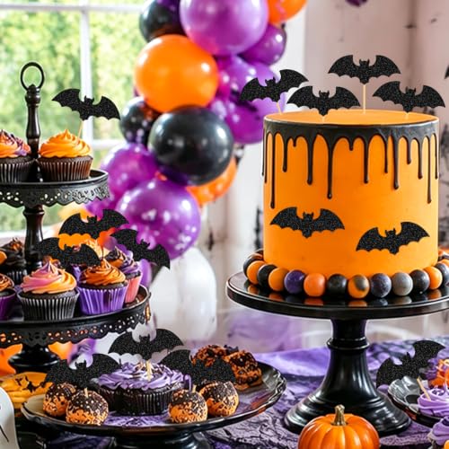 Halloween Cupcake Toppers Black Glitter Bat - 40Pcs Bat Themed Cake Decorations - Variation: Bat