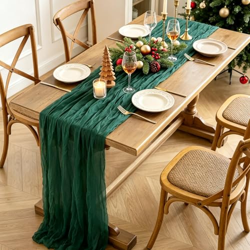 Emerald Green Christmas Table Runner 10ft Cheesecloth Rustic Holiday Decor - 3Pcs