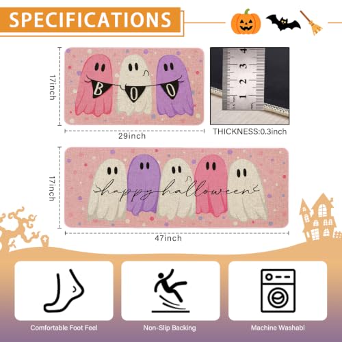 Halloween Ghost Kitchen Rugs and Mats Set of 2 - Rectangular 1.5x3.9 ft - Non-slip Floor Decor