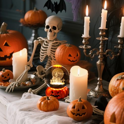 Halloween Glass Ball Night Light with 3D Haunted House & Pumpkin Base - Warm Light
