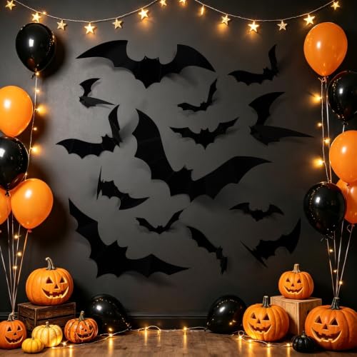 Halloween 3D Bat Wall Decor Set - 140 PVC Flying Bat Cutouts for Haunted House & Party