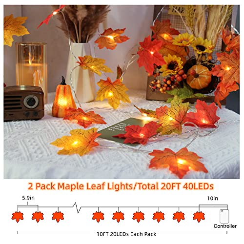 2 Pack Fall Maple Leaf String Lights - 20ft LED Autumn Decorations for Home & Outdoors