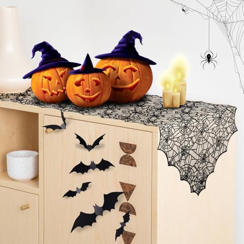Halloween Table Runner with 12 3D Bats and Spider Web Lace - Large Variation of Spider Web Black