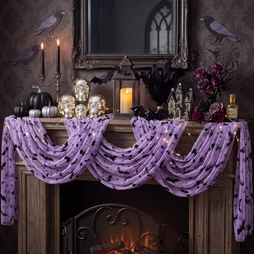 Halloween Bat Table Runner 10ft Purple Tulle & Cheesecloth Decor - Set of 3