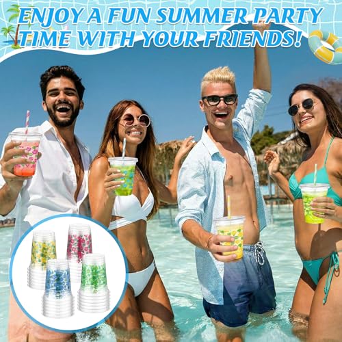 72 Summer Disposable Plastic Cups with Lids & Straws - Hawaiian Tropical Design