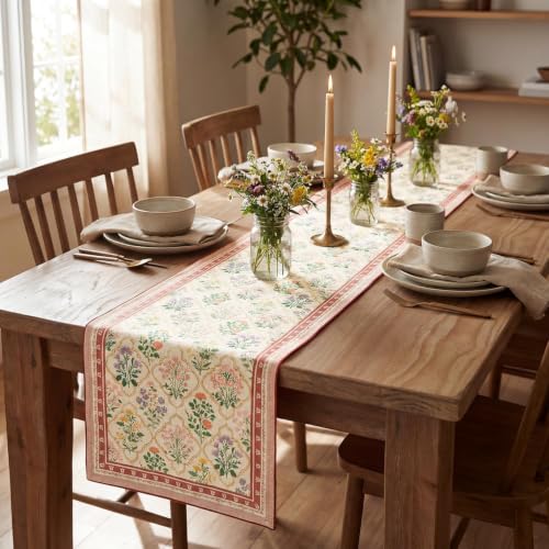 Beige Diamond Plaid Flower Vintage Table Runner 13x72 Inch - Pink/Beige Variation