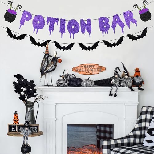 Halloween Glitter Potion Bar Banner with Bat Garland - Spooky Party Decor