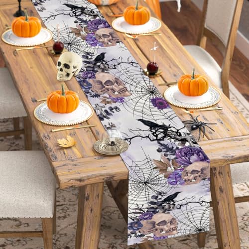 Purple Gothic Skull Halloween Table Runner - 13x36 inch Modern Design