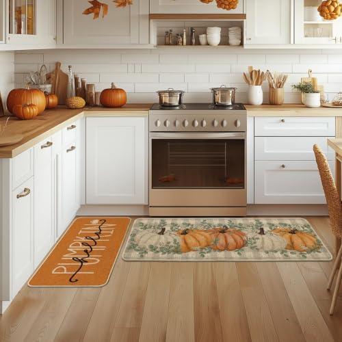 Orange Fall Kitchen Mats Set of 2 - 17x29 & 17x47 Non-Slip Decor