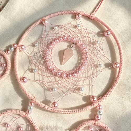 Pink Dream Catcher for Girls - Boho Wall Decor, Handwoven Fairy Room Accent - Variation of Pink