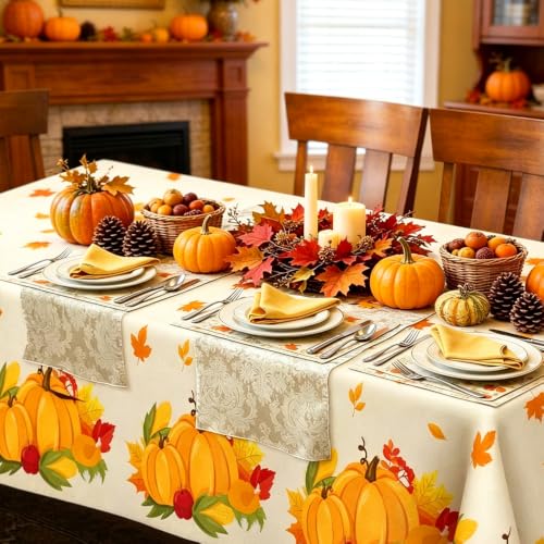 Gold Fall Thanksgiving Tablecloth 2PCS - Disposable Plastic Autumn Harvest