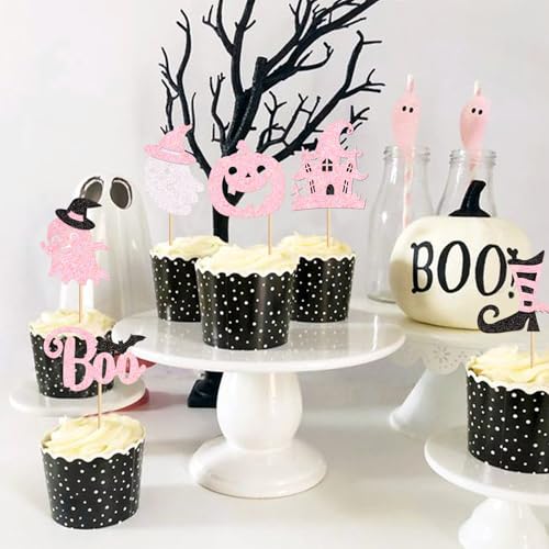 Pink Ghost Boo Cupcake Toppers - 24Pcs Halloween Cake Picks - Pink Castle Variation