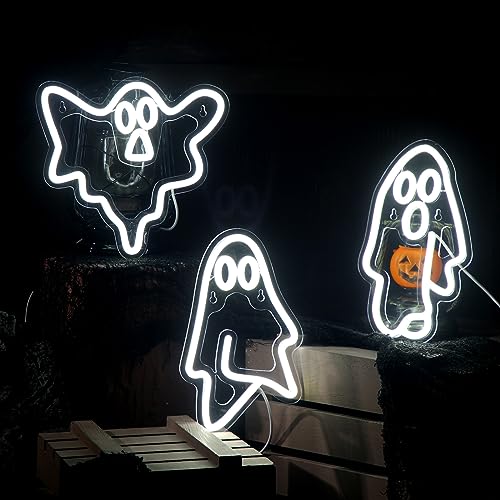 Ghost Neon Sign - White LED USB Wall Decor 9.84 Inch Halloween Ghost Light