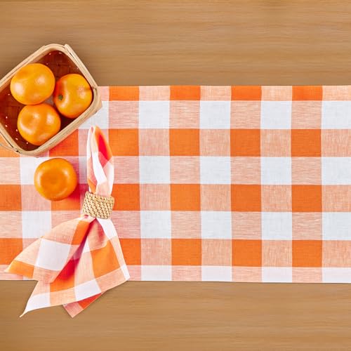 Linen Table Runner 14x72 Pumpkin & White Check - Handcrafted, Eco-Friendly