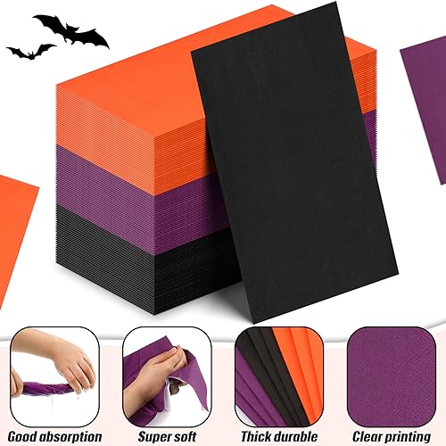 Halloween Disposable Paper Napkins Set - Purple, Orange, Black, 120 Pack with 3 Layers