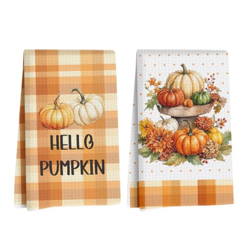Fall Kitchen Towels Set of 2 - 14x24 Inch Pumpkin & Fall Decor, Includes Funny Everything Is Fine Sign Variation