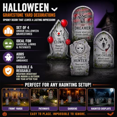 Halloween Tombstone Yard Signs Set - 4 Pack, 16.9 Inch Creepy Graveyard Decor