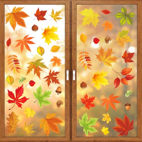 Fall Leaves Window Clings - 6 Sheets 60 Pieces Autumn Decor with Maple & Acorn Patterns