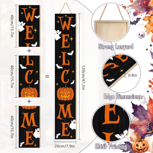Halloween Porch Sign - Wooden Spooky Ghost Welcome Banner - Black & Orange - 47.2"