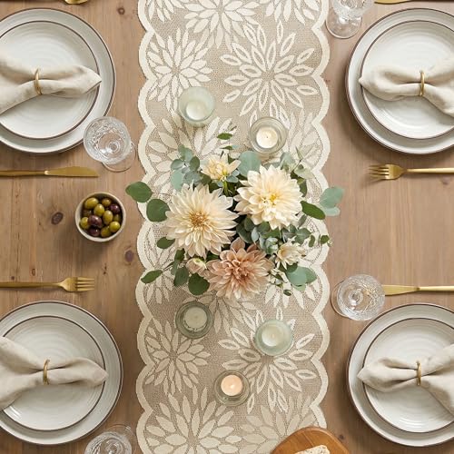 Artoid Mode Lace Jacquard Dahlia Table Runner 13x72 Inch Beige