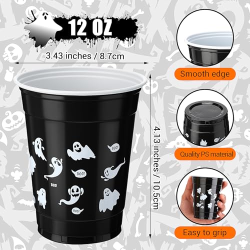 Ghost Halloween Party Plastic Cups 12 oz - Black, 50 Pack