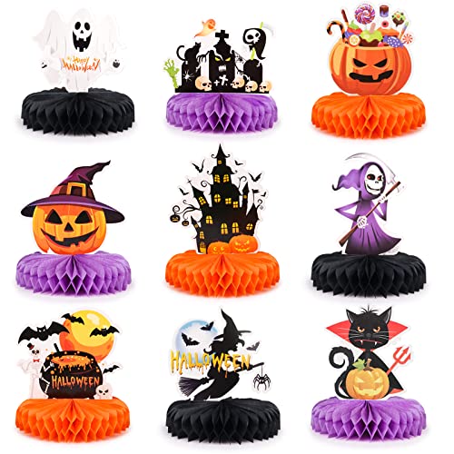 Halloween Table Centerpieces Set - 9 Honeycomb Decorations with Pumpkin Ghost Skull Cat Witch Variations
