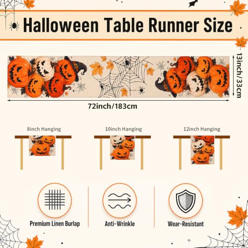 Halloween Table Runner - Orange Pumpkin Spider Web Design, 13 x 72 Inches - Fall & Party Decor