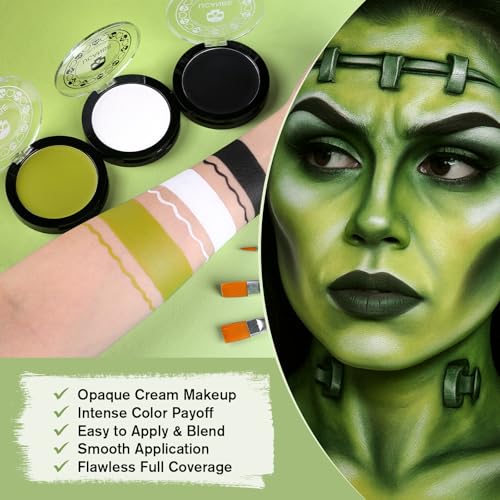 Kids & Adults Halloween Face Paint Set with Brushes - Black White Ogre Green Variation