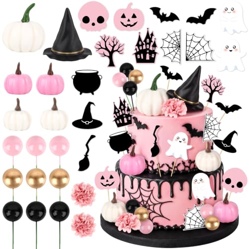 Pink Pumpkin Cake Topper Set - Halloween Cake Decorations with Hat, Flower & Bats - 30PCS - Pumpkin Variation