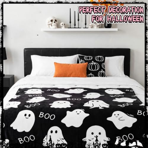 Halloween Ghost Throw Blanket Set - Black and Pink Boo Ghost Flannel 50x60 Inches, Cozy Halloween Decor for Couch and Bed - 2 Pack