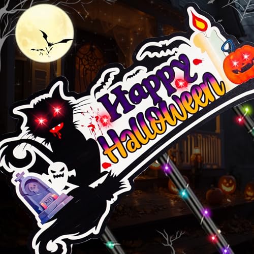 Halloween Light Up Sign with 3 Witches Brooms & Black Cat - Witch Variation A