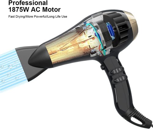 Professional Powerful Hair Dryer Negative Ionic 2 Speeds and 3 Temperature Settings and Cool Shot Button 1875w AC Motor Fast Drying Blow Dryer with Concentrator